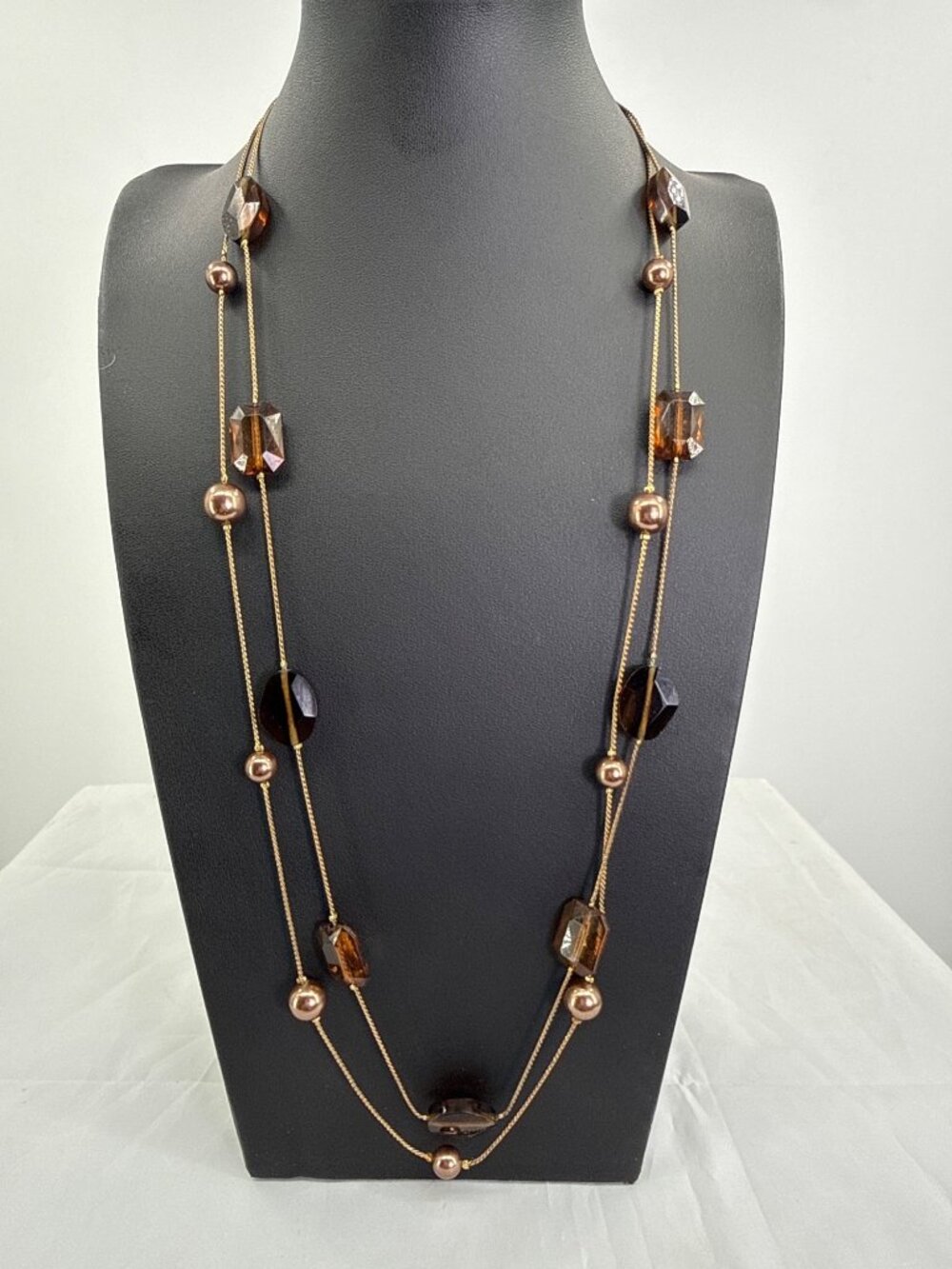 Retro Amber Brown Beaded Layered Layering Long Strand Statement Necklace